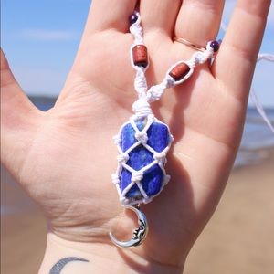 Lapis Lazuli Macrame Necklace Moon Charm
